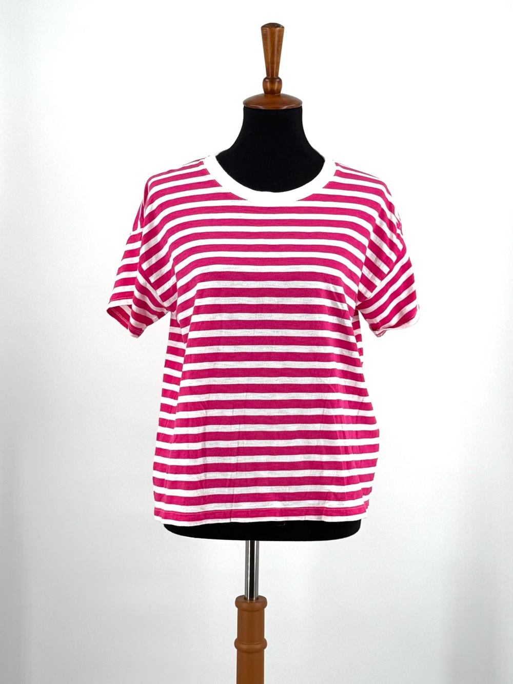 J. Crew Factory Short Sleeve Hot Pink White Striped Crewneck Tee Size M
